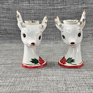 Set of 2 Christmas Reindeer Candle Holders Jewel Nose Topline Imports Japan - Picture 1 of 11