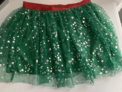 Girls GREEN TULLE SKIRT w SHINY STARS Christmas RED SPARKLE WAIST TuTu XL 14-16 - Image 1 of 4