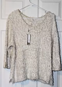 Chico's Eyelash Shine Metallic Gold Fuzzy Pullover Sweater Gr. 3 (XL) Ecru Weiß - Bild 1 von 5