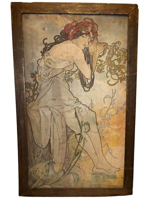 Antique Framed Lithograph On Canvas Alphonse Mucha Four Seasons Autumn 38 X 24” - Image 1 of 4