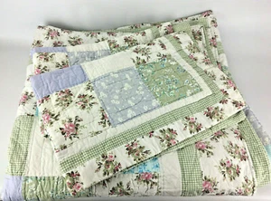 King Size Tagesdecke & 2 Kissenbezüge 100% Baumwolle Landhaus Blumen Karomuster - Bild 1 von 10