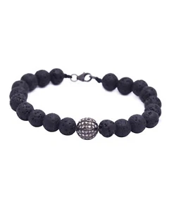 925 Sterling Silver & Lava Gemstone Ball Beads Bracelet Jewelry For Gift - Picture 1 of 3