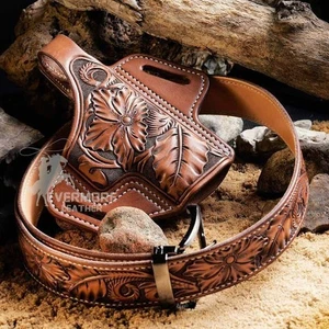 OWB Floral Gunbelt - Leather Western Gun Belt for S&W, Springfield and Colt. - Picture 1 of 11
