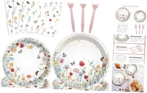 96 Pcs Wildflower Party Tableware Set Spring Floral Baby Shower Disposable - Picture 1 of 7