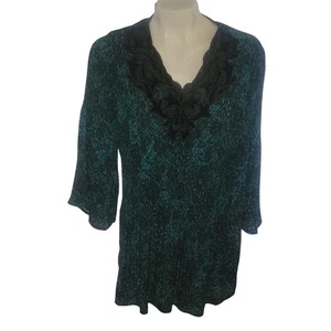Catherines Tunika Kleid schwarz Spitzenbesatz grün Print Übergröße 2X Retro Boho bequem - Bild 1 von 7