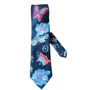 Leonard Paris 100% Seide Krawatte Floral Schmetterling Libelle #506014 Black Label - Bild 1 von 10