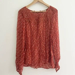 Lucky Brand transparente Bauernbluse groß orange weiß geometrisches Design gesmoktes Top - Bild 1 von 10
