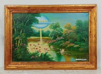 PINTURA BANKSY ABDUCCIÓN OVNI ÓLEO SOBRE LIENZO CON MARCO EN HOJA DE ORO BONITO BUENO Foto 1 de 4