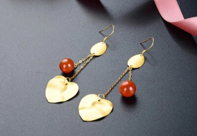 B22 Orecchini Sfera Rotondi Agata Foglia Cuore 925 Argento Sterling Placcato Oro - Immagine 1 di 4