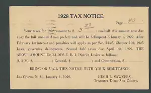 1929 PC 1928 Tax Notice W/Details Las Cruces NM - Picture 1 of 1