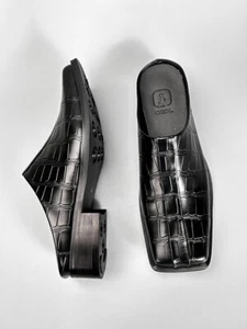 Korean Style Mens Slipper Mules Real Leather Casual Square Toe Mid Heel Shoes Sz - Picture 1 of 21