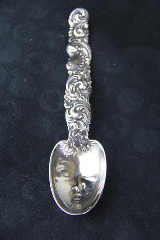 Antique Whiting Sterling Baby Face Feeding Spoon w/ Ornate Rococo Handle Cover