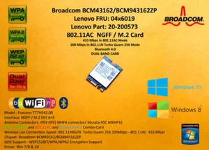 Broadcom Wlan BCM943162ZP 11AC 433Mbps 2.4Ghz 5Ghz M.2 Lenovo 04x6019 20-200573 - Picture 1 of 1