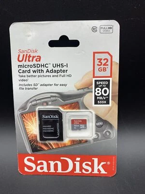 NEW Sandisk Ultra Memory Card 32GB MicroSDHC UHS-I 80MB/s with Adapter - Image 1 of 2