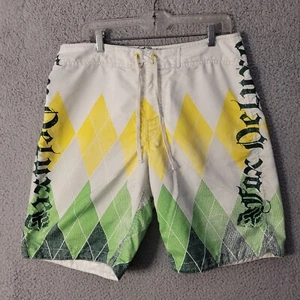 Fox Deluxe Racing Board Shorts Men's 33 Black Yellow White Pockets Surf Beach - Picture 1 of 15