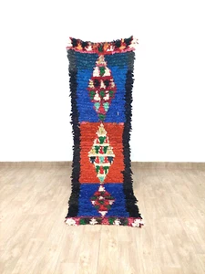 Vintage Geometrisch Blau Rot Läufer Teppich 2x8 Marokkanisch Handarbeit Berber Flurteppiche - Bild 1 von 9