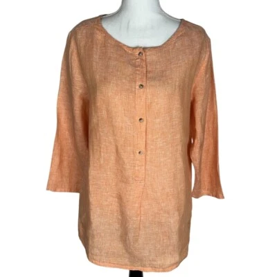 Lord + Taylor Top Blouse Women's L Orange 100% Linen Long Sleeve 1/2 Button Up - Image 1 of 4