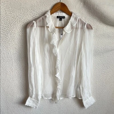 J. Camisa Crew Volantes Abotonada en Gasa Arrugada Mujer 0 Marfil Foto 1 de 4