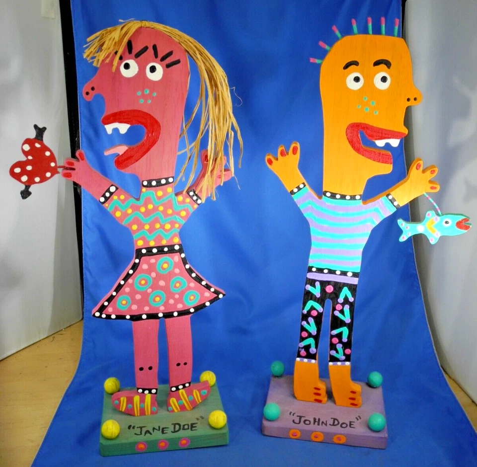 Folk Art Jane & John Doe Wood 17"Handmade Hand Painted Wooden Signed : Phillips - Image 1 of 4