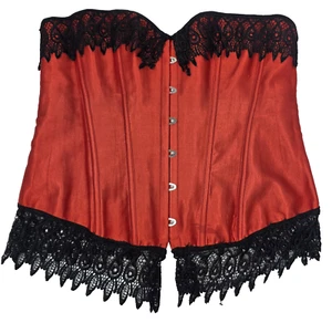 Corsé sobre busto XXL rojo satinado diseño burlesco con cordones gótico negro encaje ribete - Imagen 1 de 15