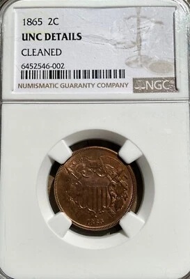 1865 TWO CENT PIECE BEAUTIFUL VERY SHARP MOTTO SHIELD WREATH FANCY 5 NGC UNC DET - Image 1 of 4