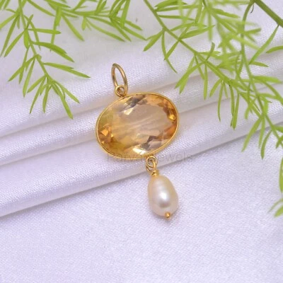 Dije de piedras preciosas de perlas de citrino natural oro macizo 18k regalo para mamá dijes colgante Foto 1 de 4