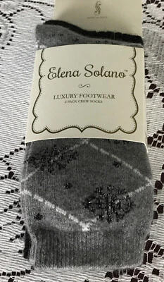 Women’s Elena Solano Luxury Crew Socks Angora - 2 Pairs Black/Gray Snowflake New - Image 1 of 4