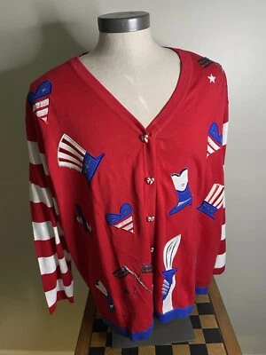 Storybook Knits Cardigan Sweater 3X Red/White/Blue Embroidery USA/July 4th Theme - Image 1 of 3