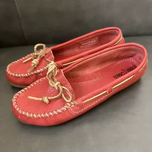 Minnetonka Red Leather Moccasins Womens Sz 8 Boat Shoe Deck Loafer Flats - Picture 1 of 9