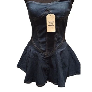 Women's Blue Denim Strapless Bustier Mini Dress Size small Standard - Picture 1 of 8