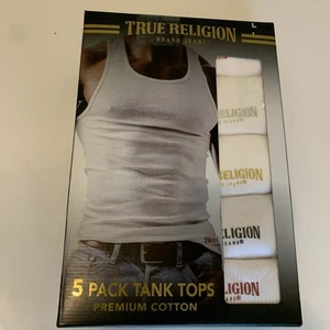 True Religion 5-Pack Men's (Large) White "Premium Cotton" Logo Ribbed Tank Tops - Picture 1 of 6