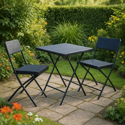 HOME SOURCE Black Rattan Bistro Set 3 Piece Folding Table And 2 Chairs For Indoor & Outdoor