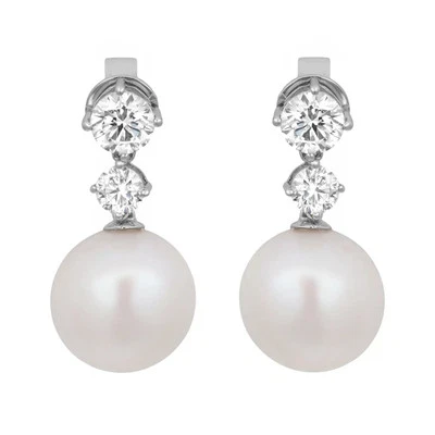 Round Lab Grown 钻石和白色珍珠吊坠耳环 10K 白金 1.24 克拉 — 第 1/4 张图片