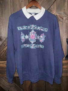 Vtg 90s Whim Z Women’s XL Flower Snowflake Collared Crewneck Sweatshirt USA - Picture 1 of 5