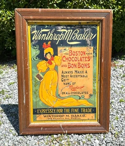 Antiguo letrero publicitario litografía de hojalata Winthrop M Baker Boston chocolates de la década de 1890 - Imagen 1 de 9