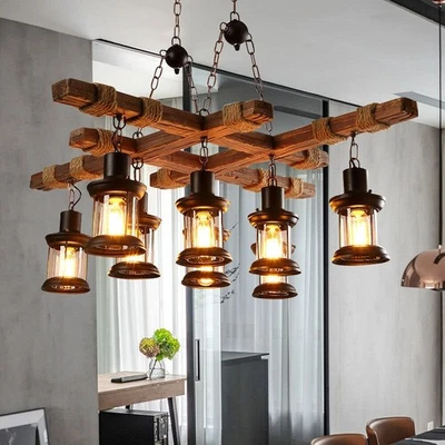 8-Light Rustic Country Chandelier Wood Pendant Lamp Industrial Ceiling Lamp - Image 1 of 4