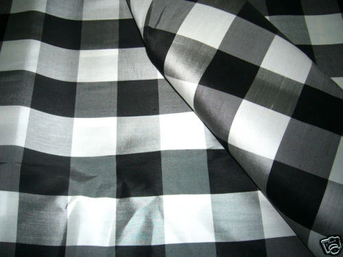 Gingham Check Black White 100% Thai Silk Fabric Dresses Blouses Scarves - Image 1 of 1