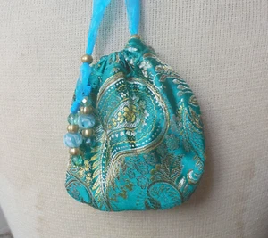 Reversible Teal Green Gold, Turquoise Blue Brocade Drawstring Bag Lampwork Beads - Picture 1 of 9
