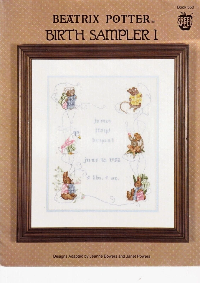 New Green Apple Cross Stitch Chart Beatrix Potter Birth Sampler  I - Image 1 of 1
