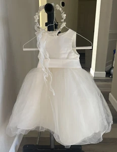 Davids Braut Mädchen Elfenbein Satin Tüll Formelles Kleid Kleid mit Kopfschmuck Größe 2T - Bild 1 von 11