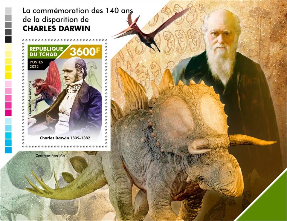 Estampillas de dinosaurios Charles Darwin 140 aniversario conmemorativo MNH 2022 Chad S/S Foto 1 de 1