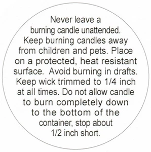 2-IN Round ~ BURNING CANDLE WARNING STICKERS LABELS CAUTION KIMMERIC - Picture 1 of 2