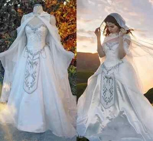 Medieval Wedding Dresses Elven Cape cloak Hood Fairy Long Sleeves lace BrideGown - Picture 1 of 16