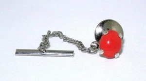 Sterling Silver Oval 9x7 Italian Peach Coral Cabochon Gem Tie Tack ESTT296/92022 - Picture 1 of 2