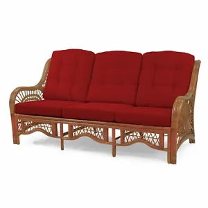 Malibu Lounge Three-Seater Sofa Natural Rattan Wicker Colonial with Red Cushions - Picture 1 of 5