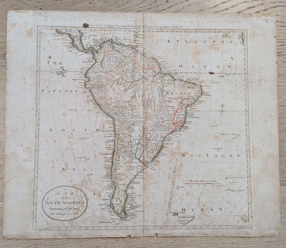 Un mapa de América del Sur por Mathew Carey antiguo original 1795 Foto 1 de 4