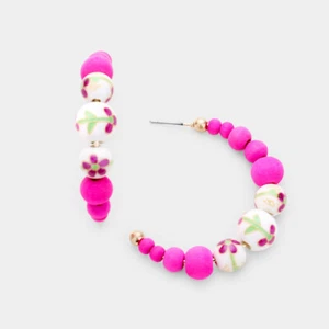 Stylish Women's Fuchsia Floral Pattern Wood Ball Earrings - Picture 1 of 1