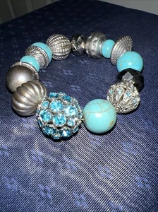 Bracelet Stretch Silver Tone Faux Turquoise Rhinestone Brass Tone Beads 8” Long - Picture 1 of 10