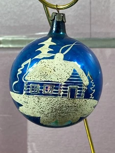 Vintage Mercury Glass Log Cabin Blue Silver White Glitter Ornament - Picture 1 of 6