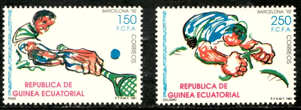 Guinea Ecuatorial Sc #153-54 1992 Juegos Olímpicos de Barcelona - Juego Tenis Ciclismo MNH Foto 1 de 1